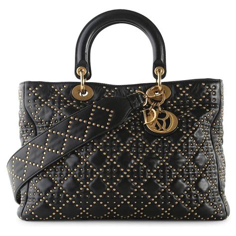 Black Studded Leather Supple Large Lady Dior Bag.